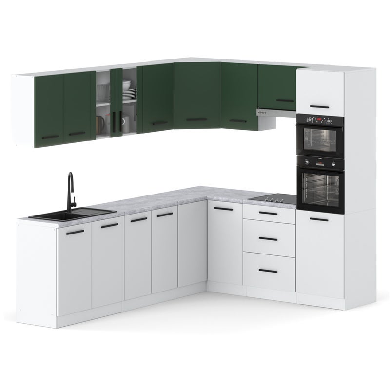 Kuchnia marra 4.6m narożna duża z blatem biała butelkowa zieleń biała mat
