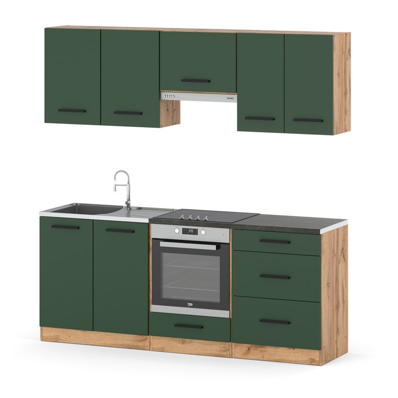 Kuchnia mała nowoczesna 2.0m modułowa z blatem wotan butelkowa zieleń