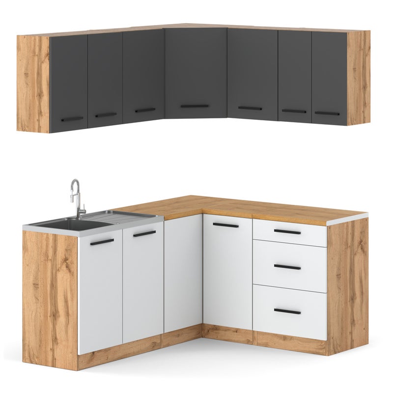 Kuchnia narożna nowoczesna z blatem danka 3.2m modułowa wotan szary biały