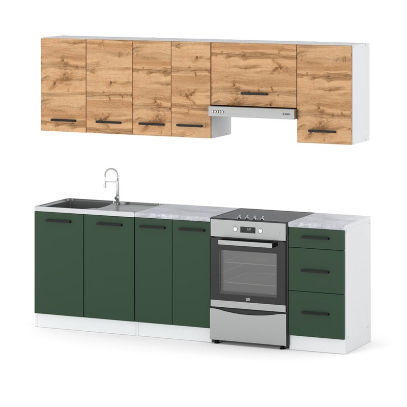 Zestaw kuchenny modułowy z blatem mokka 2.4m biały wotan butelkowa zieleń