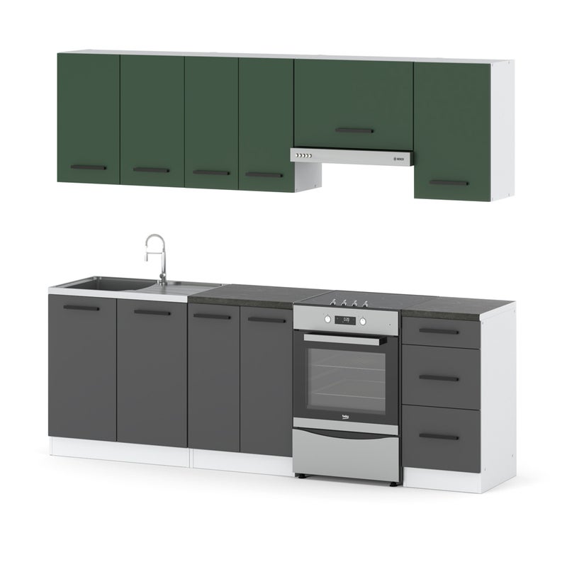 Kuchnia mokka 2.4m biały butelkowa zieleń szary mat modułowa z blatem mała