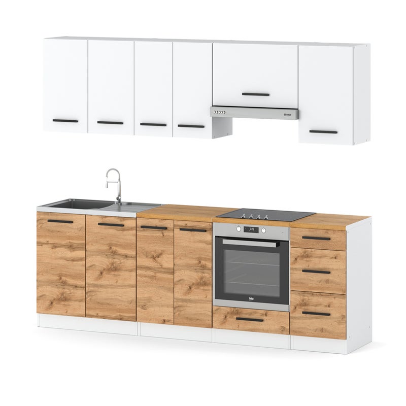 Kuchnia modułowa z blatem pojemna 2.4m mokka plus biała biały mat dąb wotan