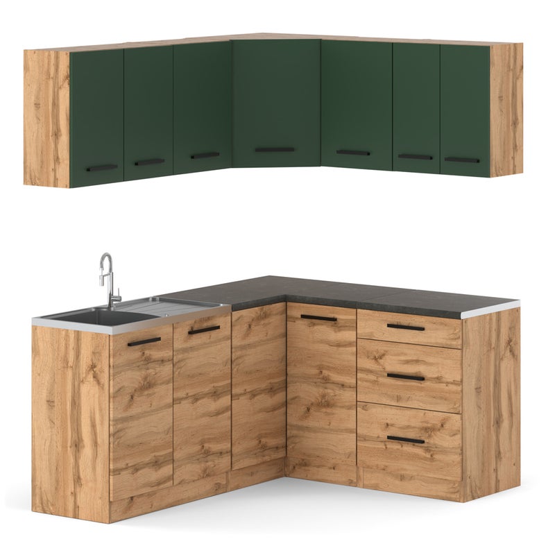 Kuchnia nowoczesna modułowa blat narożna 3.2m wotan butelkowa zieleń wotan