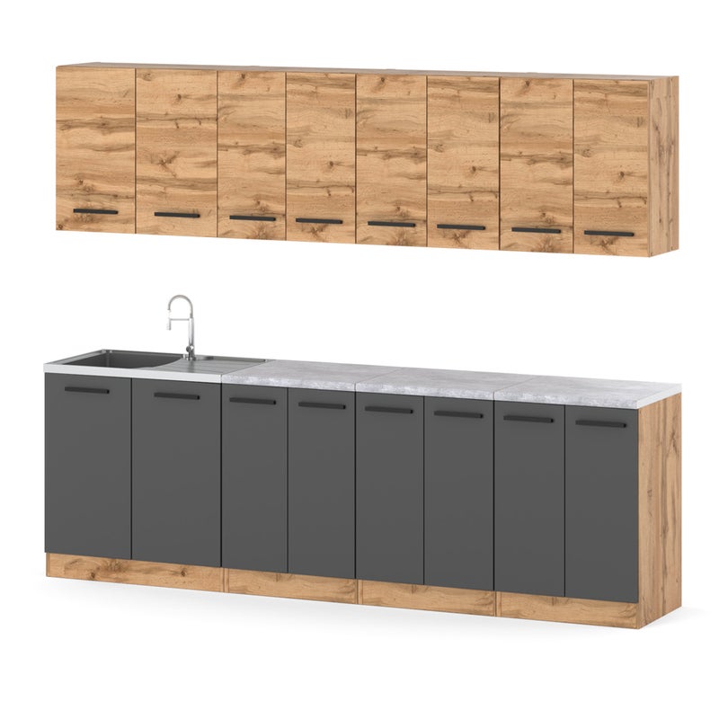 Kuchnia nowoczesna modułowa z blatem vero 2.6m wotan dąb wotan szary mat