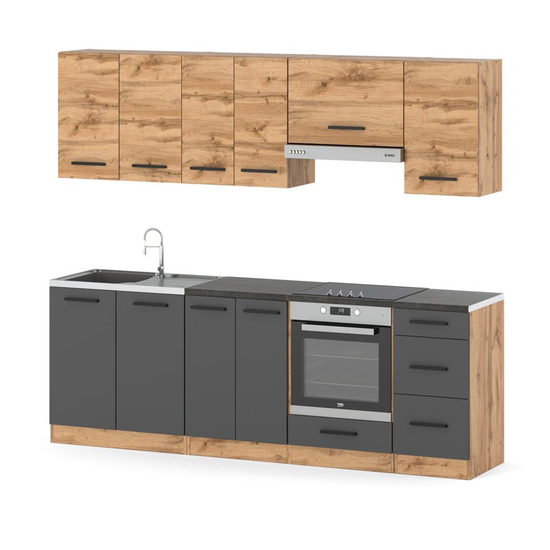 Zestaw kuchenny mokka plus 2.4m modułowy z blatem wotan dąb wotan szara mat