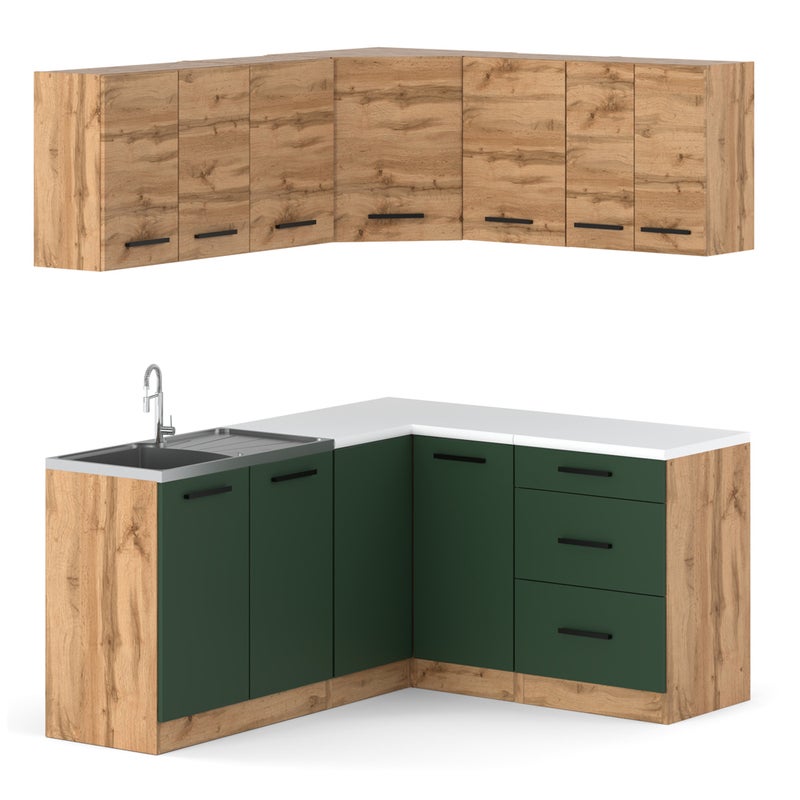 Kuchnia narożna duża 3.2m modułowa z blatem wotan wotan butelkowa zieleń
