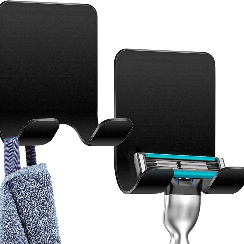 Zestaw 2 uchwytów na szczotkę prysznicową, samoprzylepne haczyki, wieszak na ręczniki kuchenne i łazienkowe, czarny