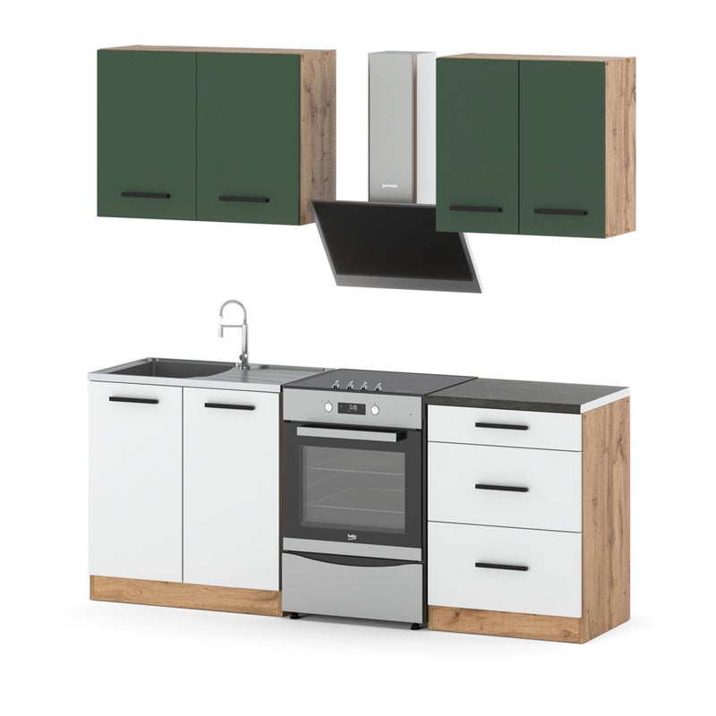 Meble kuchenne modułowe z blatem małe 2m wotan butelkowa zieleń biały mat