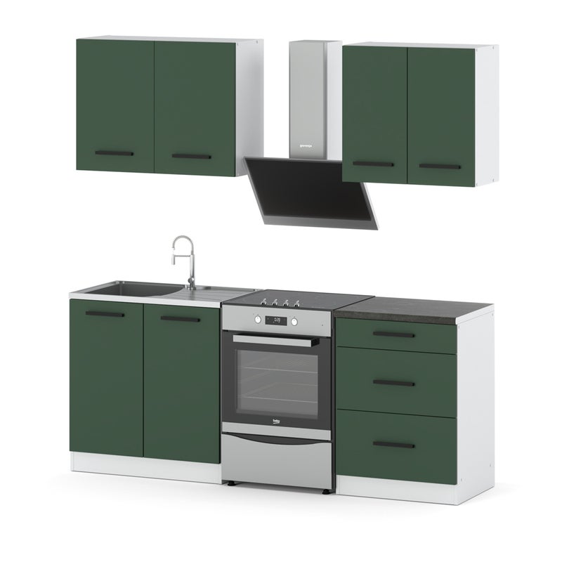 Meble kuchenne modułowe z blatem mini mokka 2.0m białe butelkowa zieleń