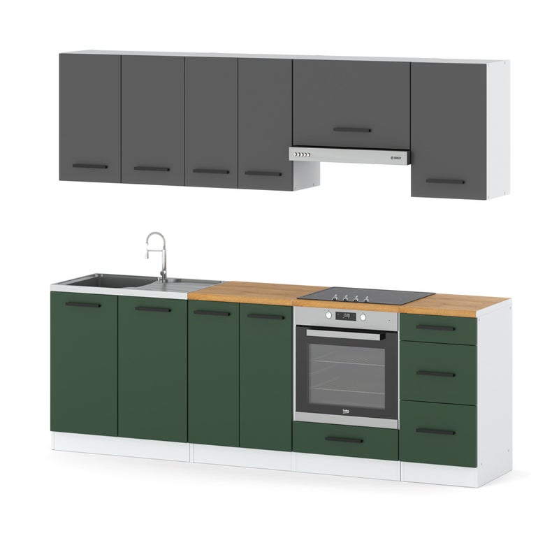 Meble kuchenne nowoczesne modułowe blat 2.4m biała szara butelkowa zieleń