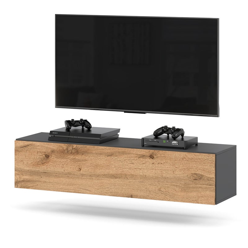 Szafka rtv wisząca 140cm loft pojemna pod tv salon na dotyk szary dąb wotan