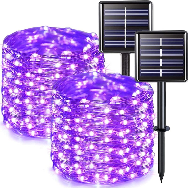 Lampki solarne na Halloween, zestaw 2 szt., 12 m, 100 diod LED, kolor fioletowy, dekoracja świetlna na energię słoneczną