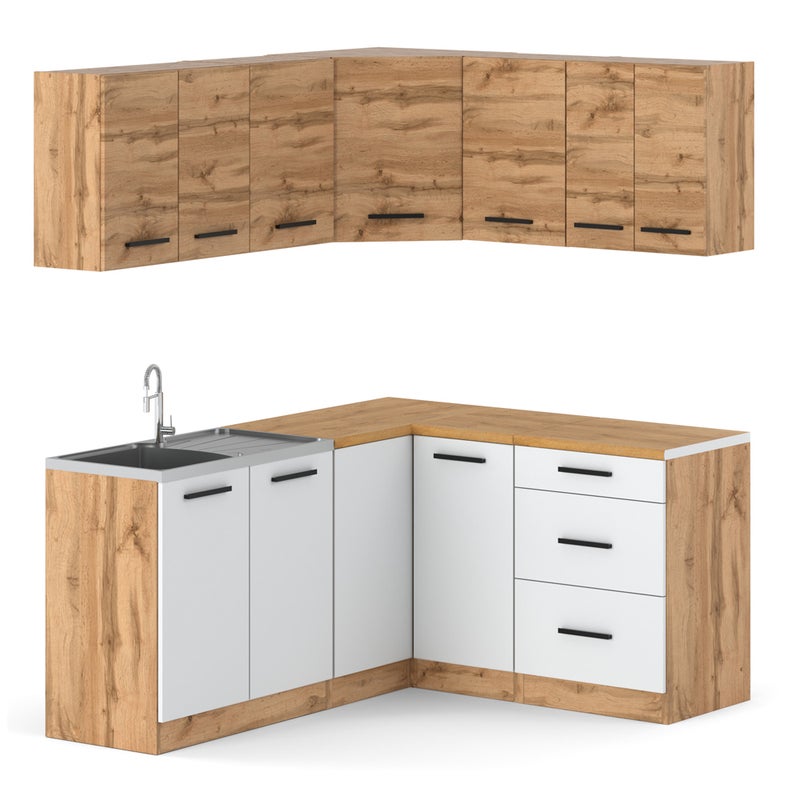 Meble kuchenne modułowe drewniane duże danka 3.2m wotan dąb wotan biały mat