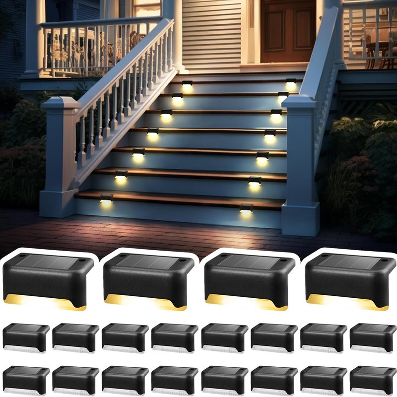 Zestaw 20 lamp solarnych na taras, wodoodporne lampy solarne do użytku na zewnątrz, na schodach, ogrodzeniach i podwórkach (czarne, ciepła biel)