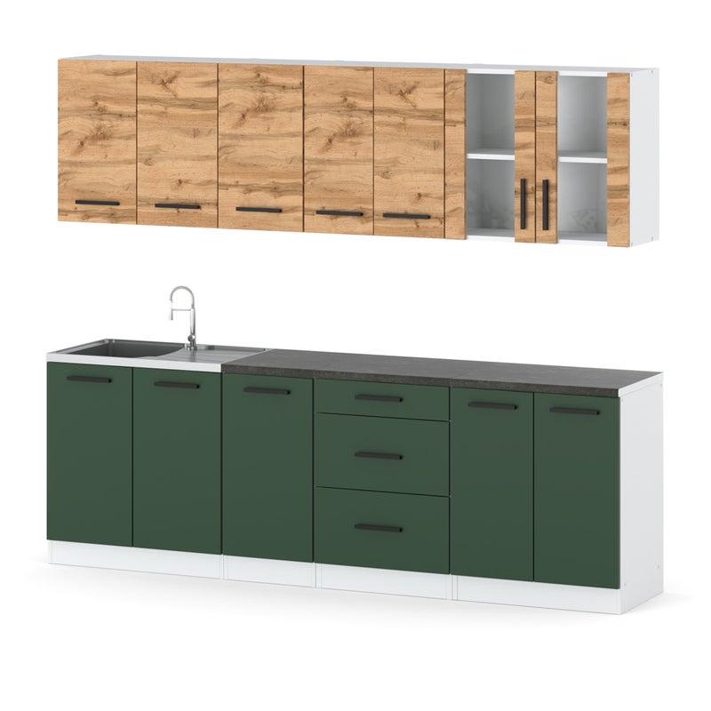 Meble kuchenne duże modułowe z blatem 2.6m biały dąb wotan butelkowa zieleń
