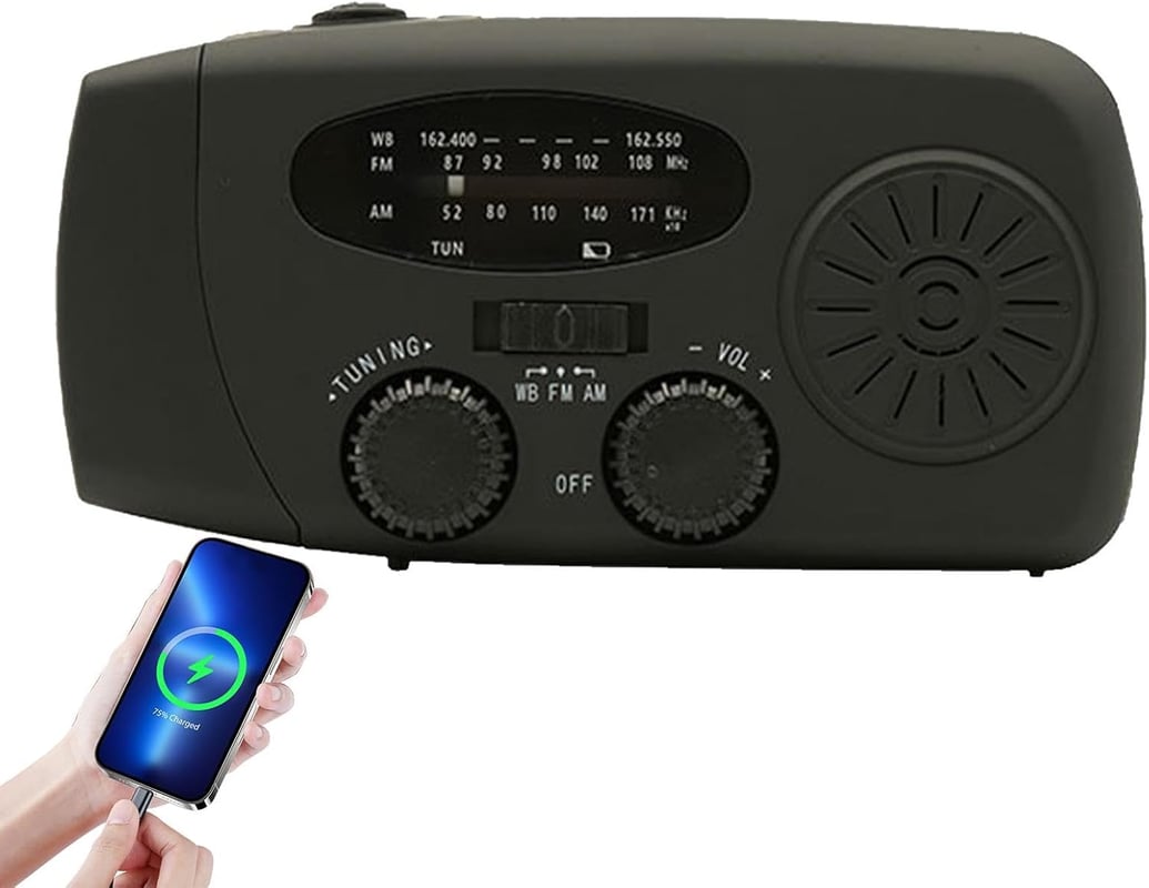 Radio pogodowe z korbką, ładowalne – radio AM/FM zasilane energią słoneczną o pojemności 2000 mAh z oświetleniem LED, do przetrwania w pomieszczeniac