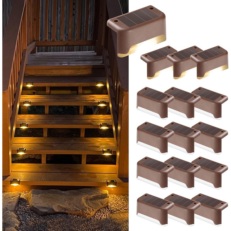 Lampy solarne zewnętrzne, 16 lampek schodowych LED do ogrodzenia, podwórka, patio, ścieżki, dekoracji (brązowe, ciepła biel)
