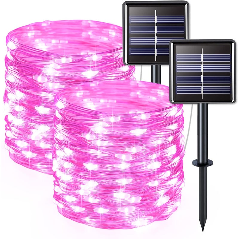 Zestaw 2 lampek solarnych do użytku na zewnątrz, drut miedziany, wodoodporny, 12 metrów na lampkę, 100 diod LED (różowe światło)