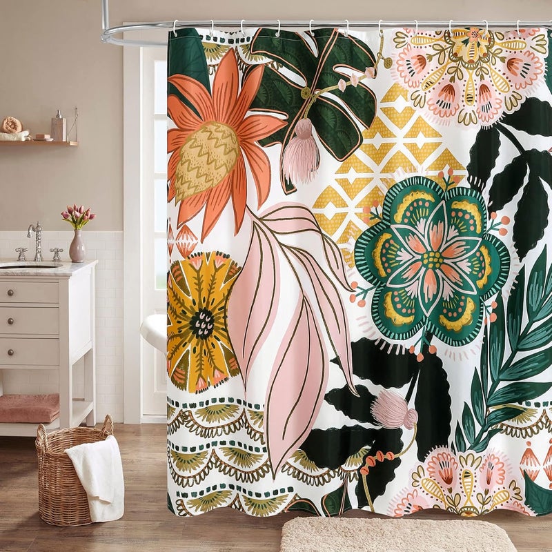 Bardzo długa, kwiatowa, boho zasłona prysznicowa, 180 x 200 cm, dekoracja i udekorowanie.