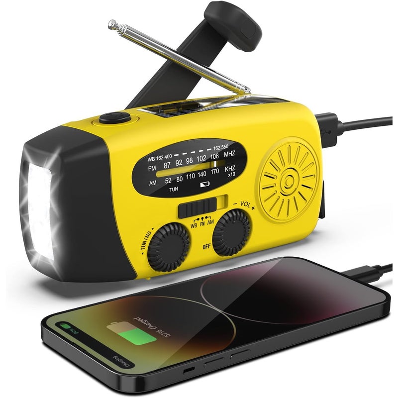 Radio pogodowe z korbką, ładowalne, 2000 mAh, AM/FM, solarne, z oświetleniem LED, do przetrwania w pomieszczeniach i na kempingu, żółte