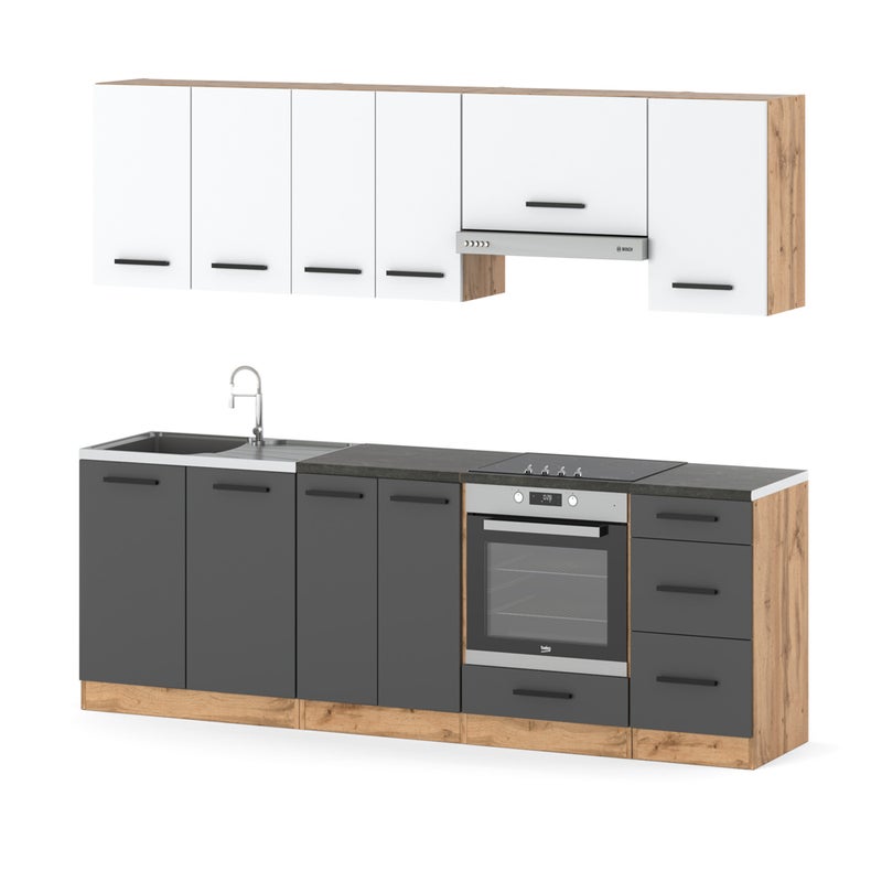 Meble kuchenne mokka plus 2.4m zestaw modułowy z blatem wotan biały szary