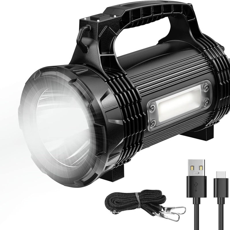 Mocna latarka z 8 trybami oświetlenia, kablem USB, wodoodporna IP65, z paskiem na ramię, odpowiednia na kemping/wędrówki piesze/w sytuacjach awaryjny