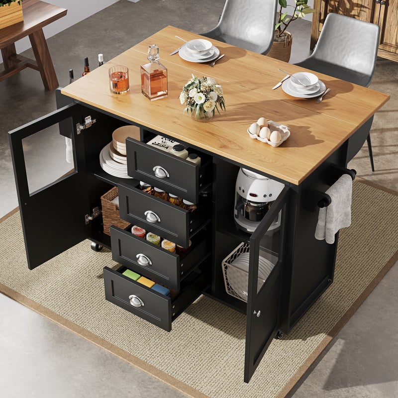 Mobilna wyspa kuchenna z 2 drzwiami, 4 szufladami i wieszakiem na ręczniki - Rozkładany blat - 120 x 45/73 x 93 cm - MDF - Czarny