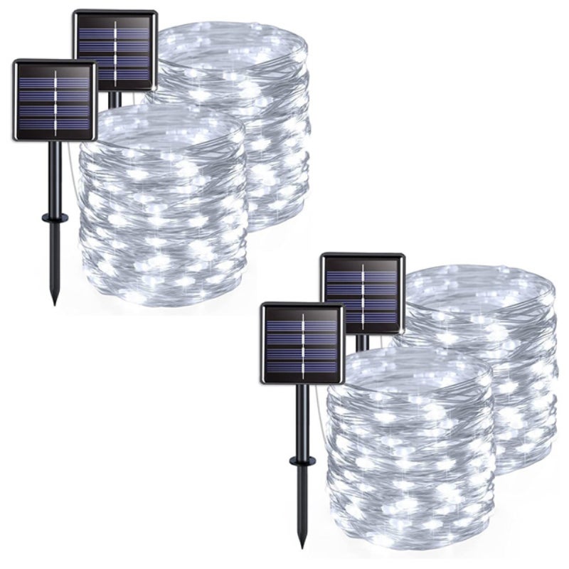 Zestaw 4 lampek solarnych do użytku na zewnątrz, drut miedziany, wodoodporny, 12 metrów na lampkę, 100 diod LED (białe światło)
