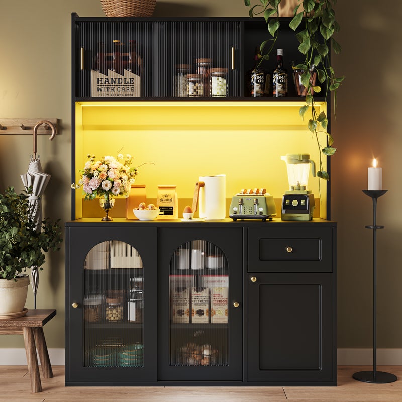 Komoda kuchenna z 1 szufladą i 5 drzwiami - 120 x 35 x 167 cm - diody LED - płyta MDF, płyta wiórowa - regulowane półki - czarny