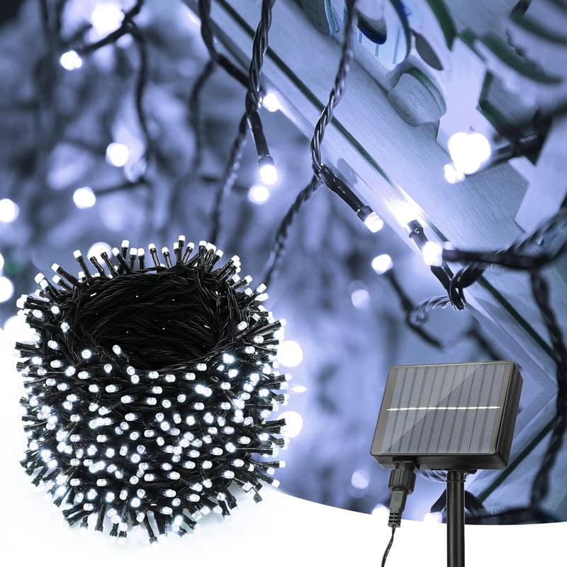 Lampki solarne na zewnątrz, 52 m, 500 diod LED, 8 trybów, wodoodporne, do ogrodu, na imprezę, wesele, do dekoracji podwórka, chłodne białe światło