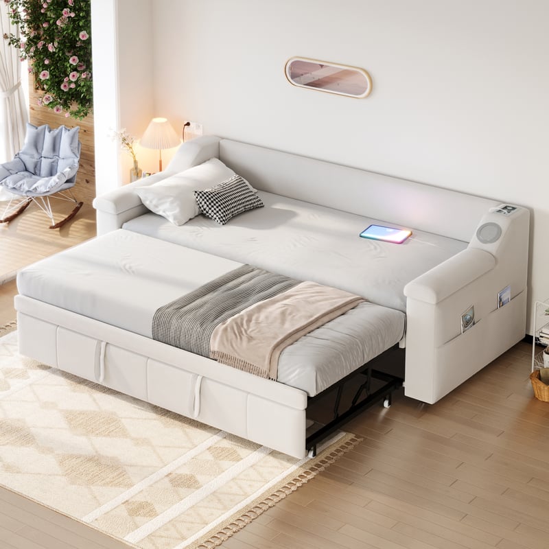 Łóżko wysuwane 90/180 x 190 cm z podłokietnikami - Aksamit - System stereo Bluetooth i porty USB - Beżowe (Bez materaca)