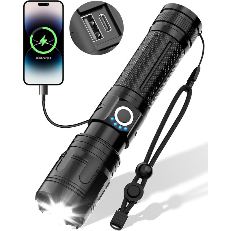 Ultramocna latarka LED, taktyczna latarka USB z 5 trybami pracy, wodoodporna IPX5 do użytku w nagłych wypadkach na kempingu (z akumulatorem)