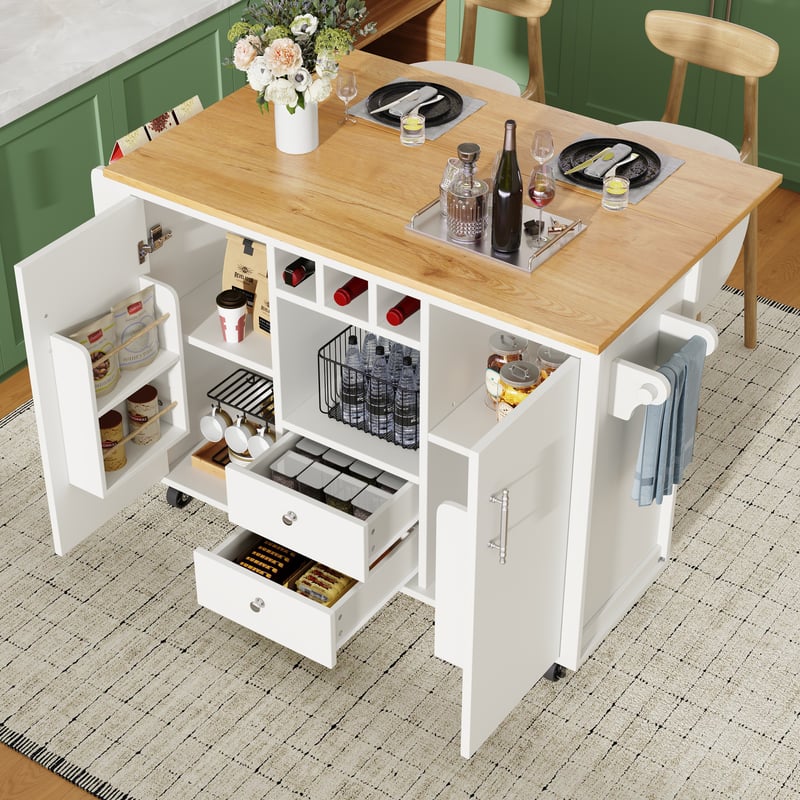 Mobilna wyspa kuchenna z 2 drzwiami, 2 szufladami i 1 przegrodą - Rozkładany blat - 120 x 45/73 x 92 cm - MDF - Biały