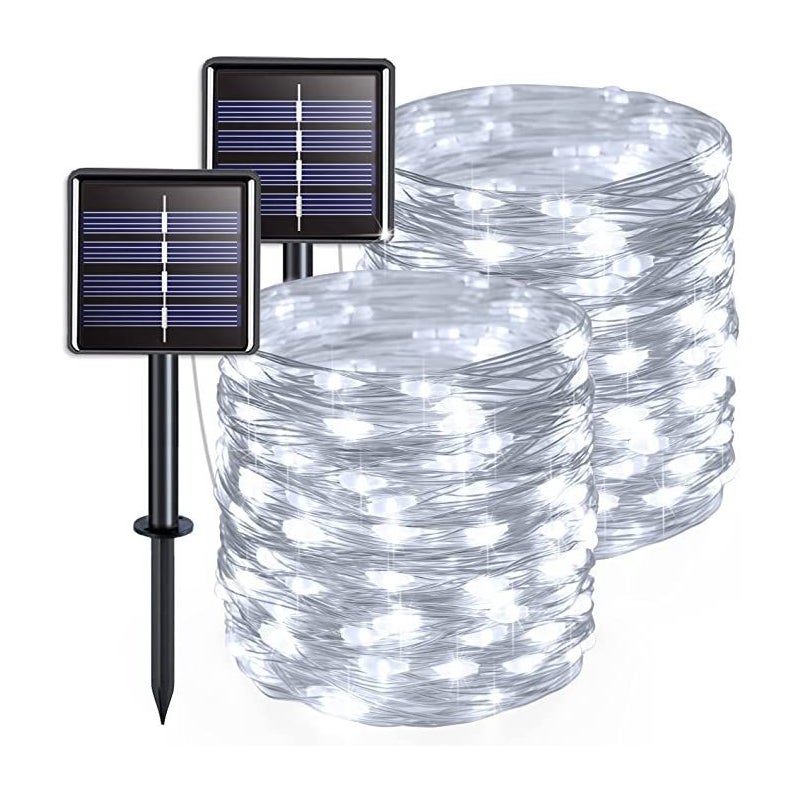 Zestaw 2 lampek solarnych do użytku na zewnątrz, drut miedziany, wodoodporny, 12 metrów na lampkę, 100 diod LED (białe światło)