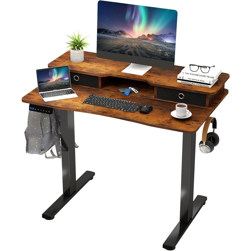 Elektryczne Biurko do Pracy na Stojąco, Regulowana Wysokość, Inteligentny Panel Sterowania, Cicha Regulacja Wysokości, 2 Szuflady z Tkaniny (Brązowe)