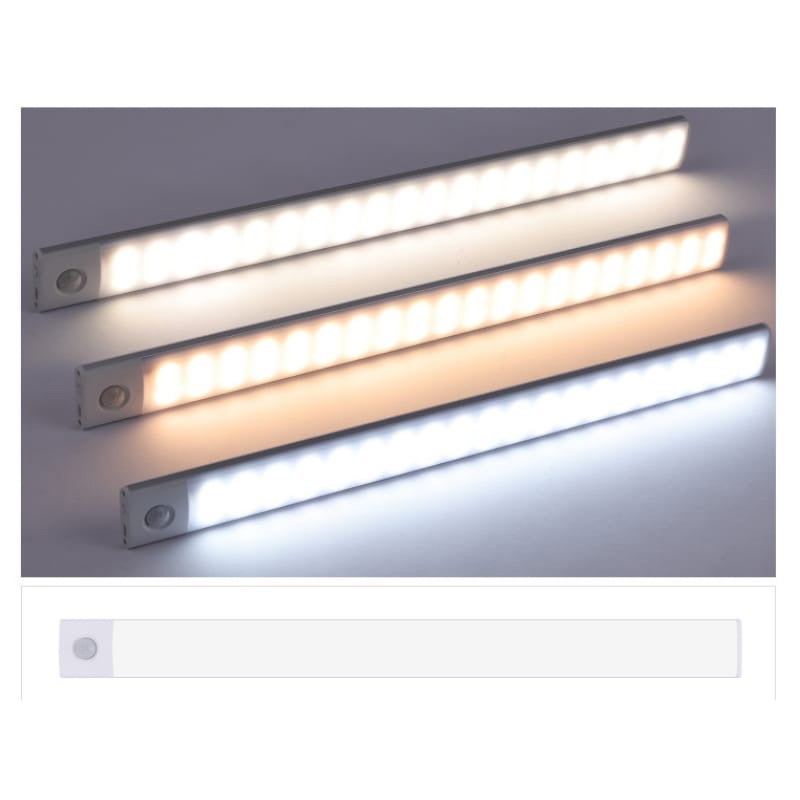 Ultracienka inteligentna lampa LED z czujnikiem, magnetyczna, światło trójkolorowe, regulowana jasność, akumulatorowa, srebrna, 40 cm