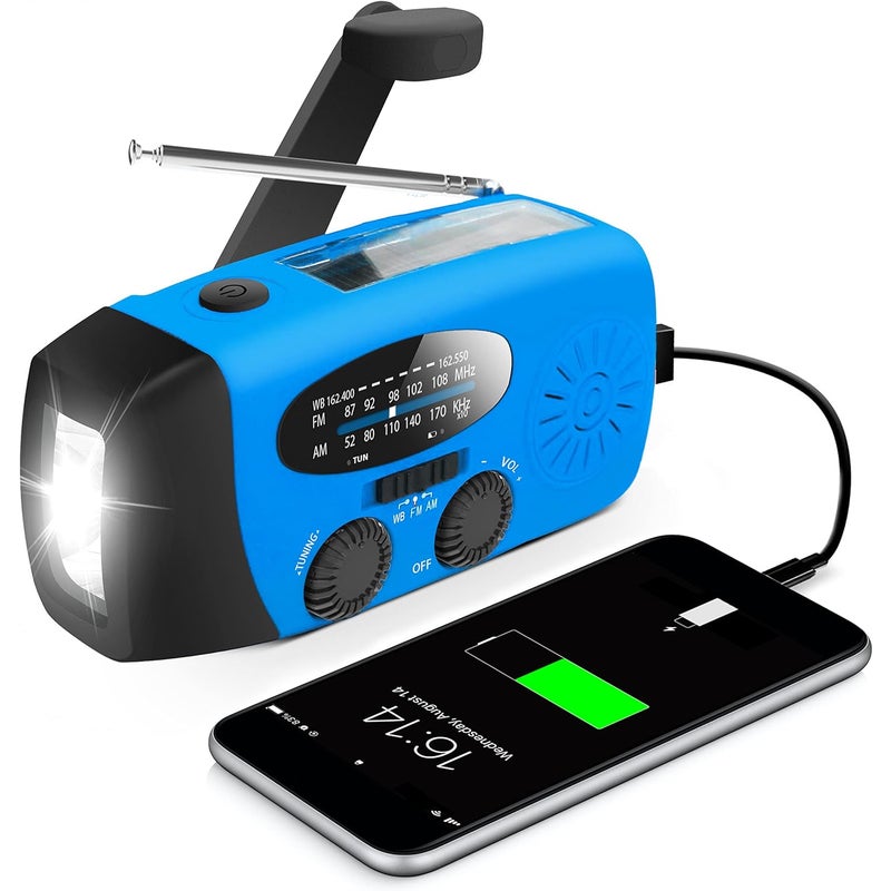 Radioodbiornik ręczny z korbką i latarką LED, przenośne radio pogodowe AM/FM z powerbankiem do biwakowania, awaryjny (niebieski)