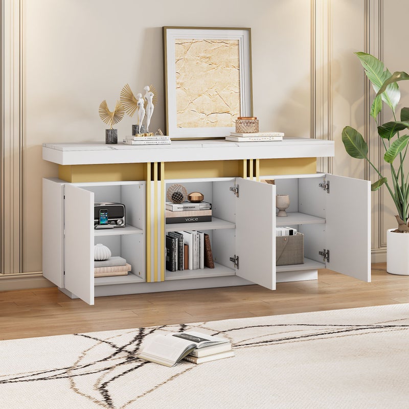 Nowoczesny kredens z 3 drzwiami - 140 x 38 x 70 cm - Płyta wiórowa - Blat imitujący marmur - Biały
