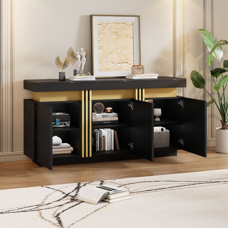 Nowoczesny kredens z 3 drzwiami - 140 x 38 x 70 cm - Płyta wiórowa - Blat imitujący marmur - Czarny