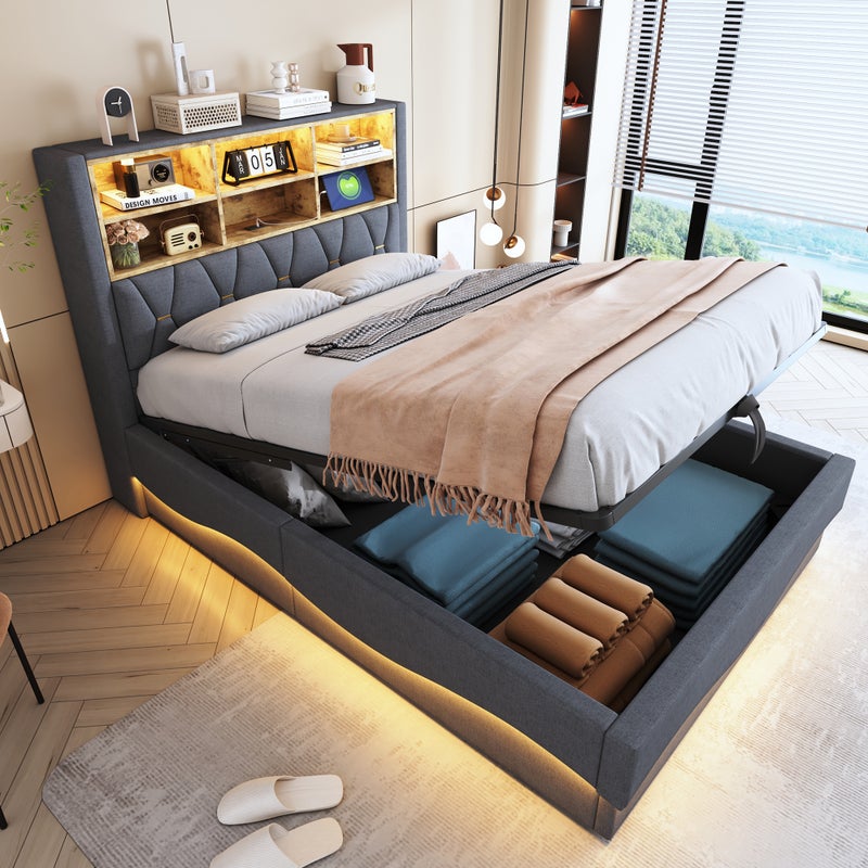 Łóżko ze schowkiem 140 x 200 cm z zagłówkiem - Tkanina lniana - Diody LED, porty USB i schowki - Szare (Bez materaca)