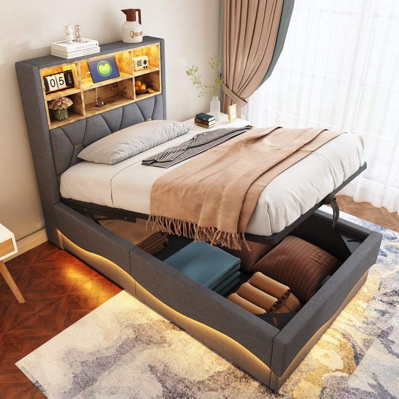 Łóżko z pojemnikiem 90 x 200 cm i zagłówkiem - Tkanina lniana - Diody LED, porty USB i schowki - Szare (Bez materaca)