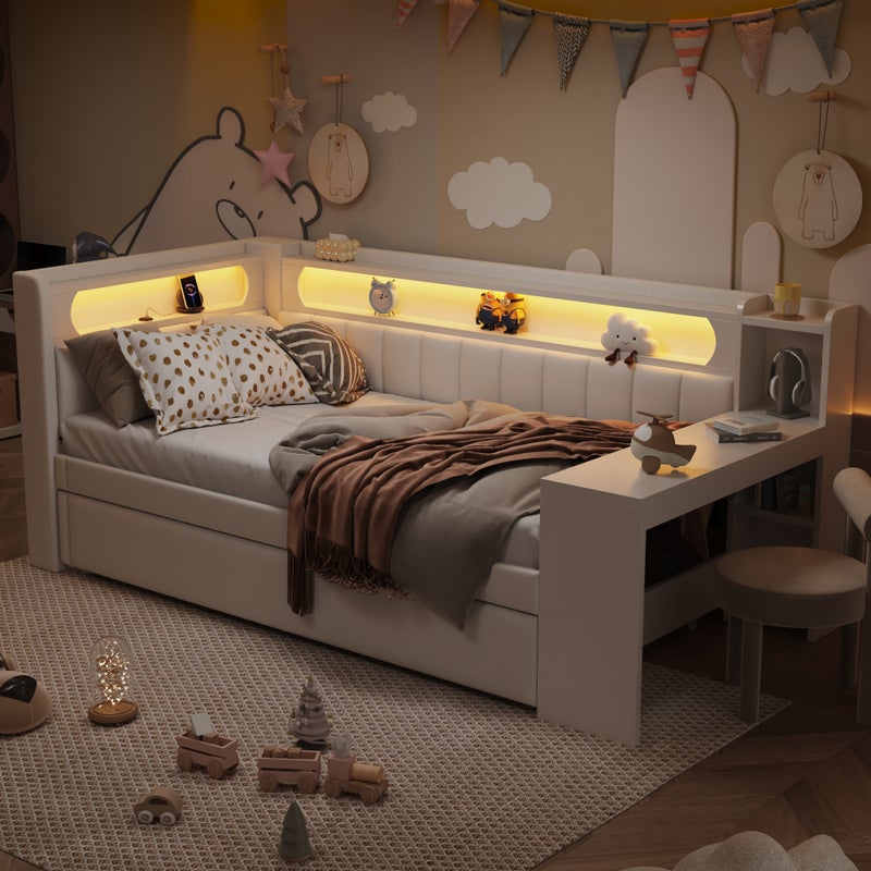 Łóżko wysuwane 90 x 200 cm z biurkiem, 2 szufladami i przegródkami - MDF + sklejka + tkanina lniana - port USB i diody LED - białe (bez materaca)