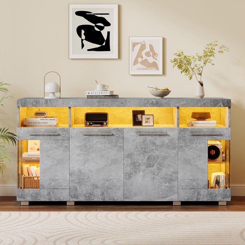 Kredens do salonu, wysoki połysk z oświetleniem LED - 140 x 40 x 70 cm, szklany blat, 3 przegrody, MDF