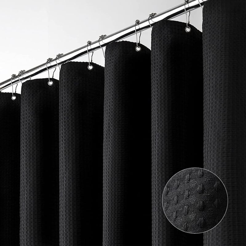 Zasłona prysznicowa - 150*200 cm, tkanina o splocie waflowym, obciążona, do łazienki, hotelu, spa, z haczykami, czarna