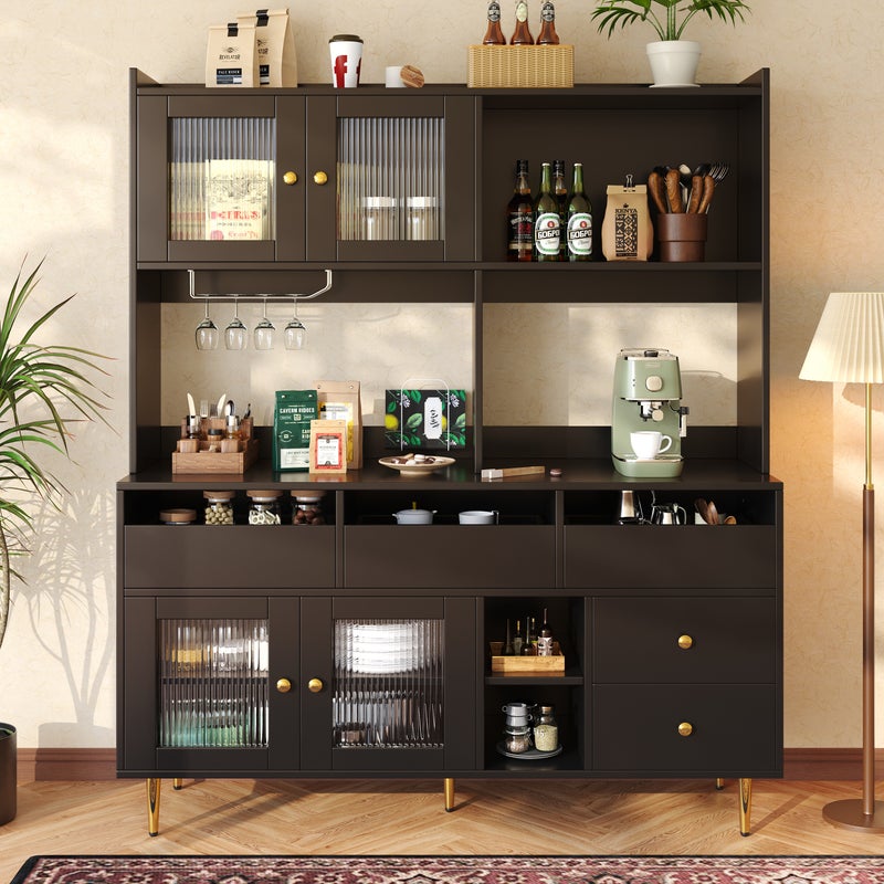 Komoda kuchenna, szafka wisząca do jadalni z 4 drzwiami i 5 szufladami - 145 x 37 x 171 cm - MDF i nogi metalowe w kolorze złotym - Czarny