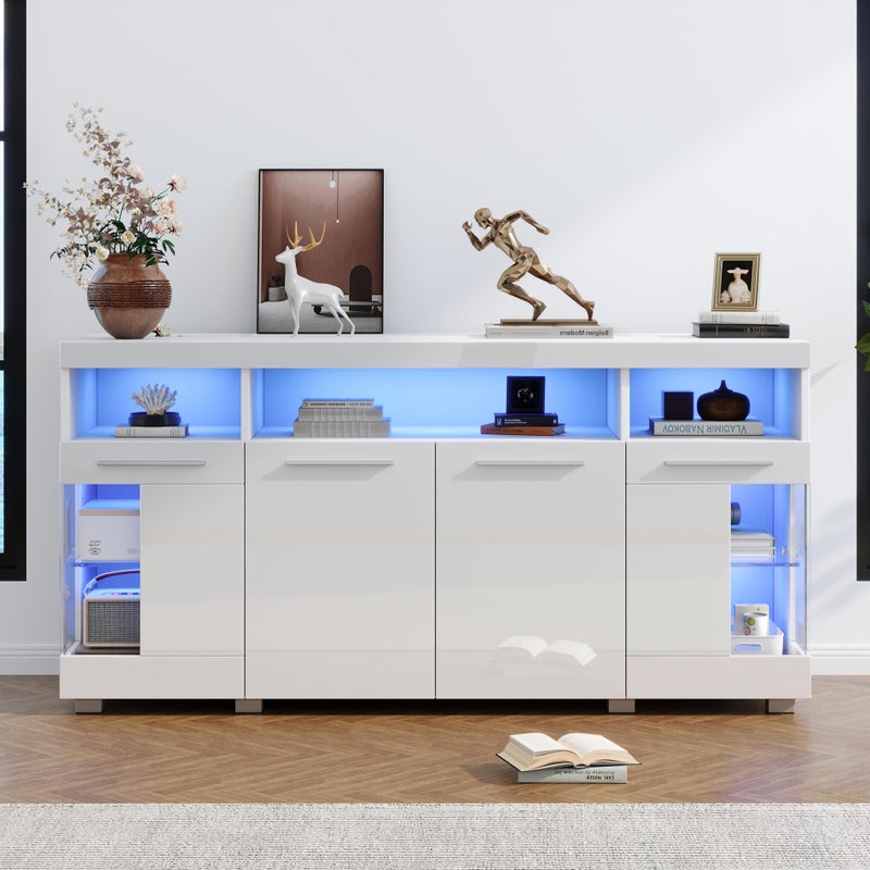 Kredens do salonu, wysoki połysk z oświetleniem LED - 140 x 40 x 70 cm, szklany blat, 3 przegrody, MDF