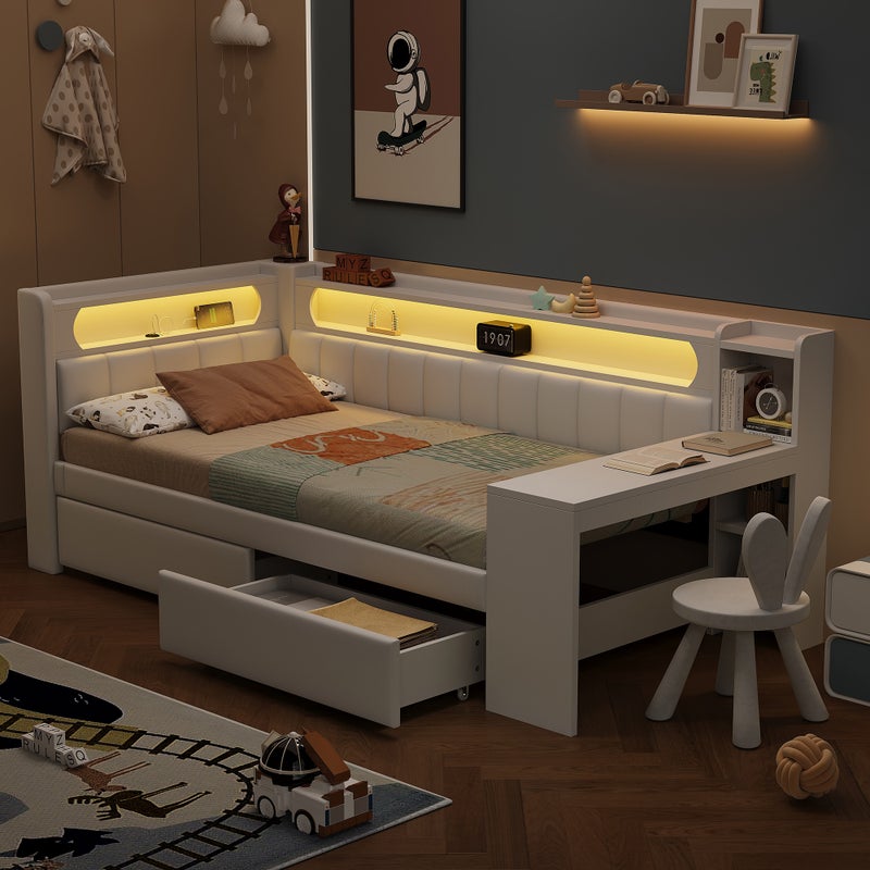 Łóżko tapicerowane 90 x 200 cm z biurkiem, 2 szufladami i przegródkami - MDF + sklejka + tkanina lniana - port USB i diody LED - białe (bez materaca)
