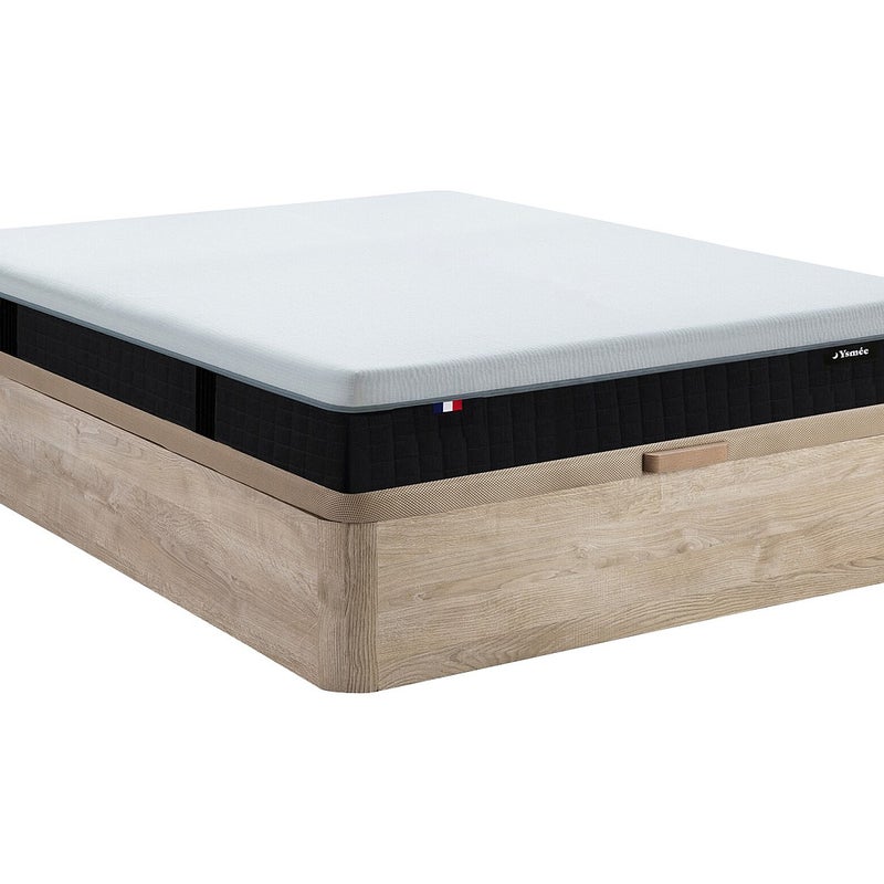 Zestaw 140 x 190 cm stelaż z jasną naturalną skrzynią + materac hybrydowy ognioodporny o grub. 28 cm z 9-strefowymi sprężynami kieszeniowymi, pamięcią