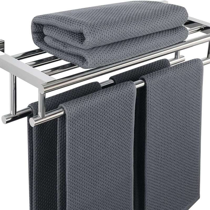 Wieszak na ręczniki łazienkowe, podwójny drążek na ręczniki, półka ścienna, wieszak kuchenny ze stali nierdzewnej do łazienki i kuchni, 50 cm