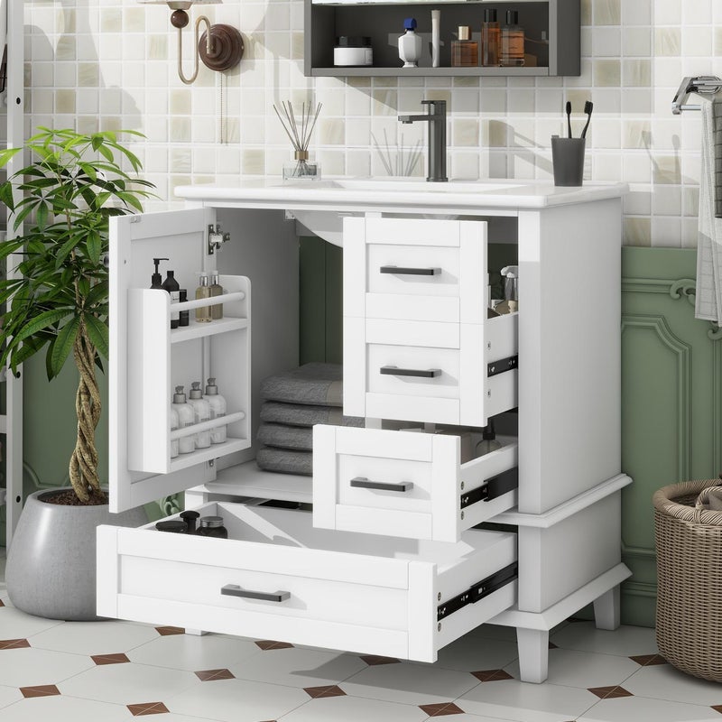 Szafka podumywalkowa 76x46x83,5 cm z umywalką ceramiczną, 3 cichymi szufladami, półką na drzwiach, nogi z litego drewna, wodoszczelna płyta MDF, biała